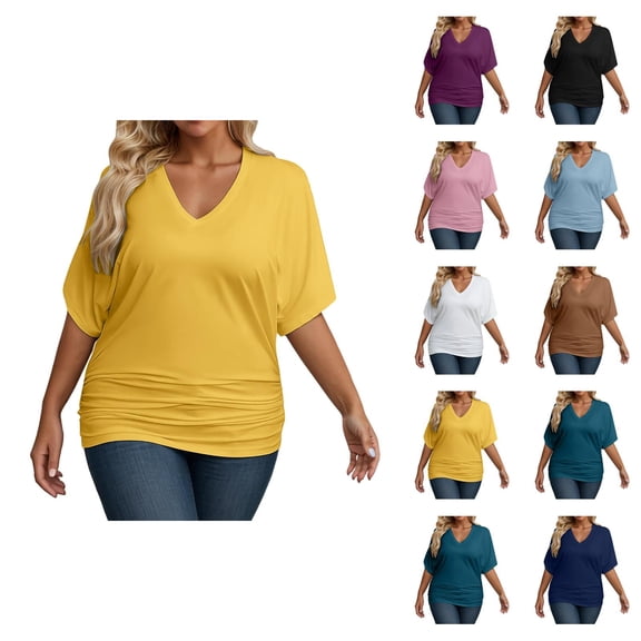Womens T Shirts Summer Tops 2025 Plus Size Short Sleeve V-Neck Loose Fit Stretchy Basic Tees Tshirts Shirts for Women