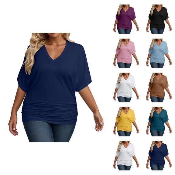 Womens T Shirts Summer Tops 2025 Plus Size Short Sleeve V-Neck Loose Fit Stretchy Basic Tees Tshirts Shirts for Women