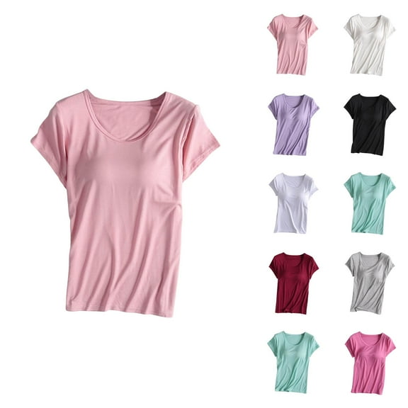 Womens T Shirts Summer Tops 2025 Short Sleeve Crewneck Padded Basic Tees with Built in Bra Tshirts Shirts for Women