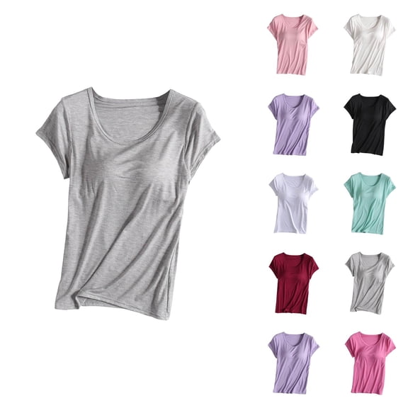 Womens T Shirts Summer Tops 2025 Short Sleeve Crewneck Padded Basic Tees with Built in Bra Tshirts Shirts for Women