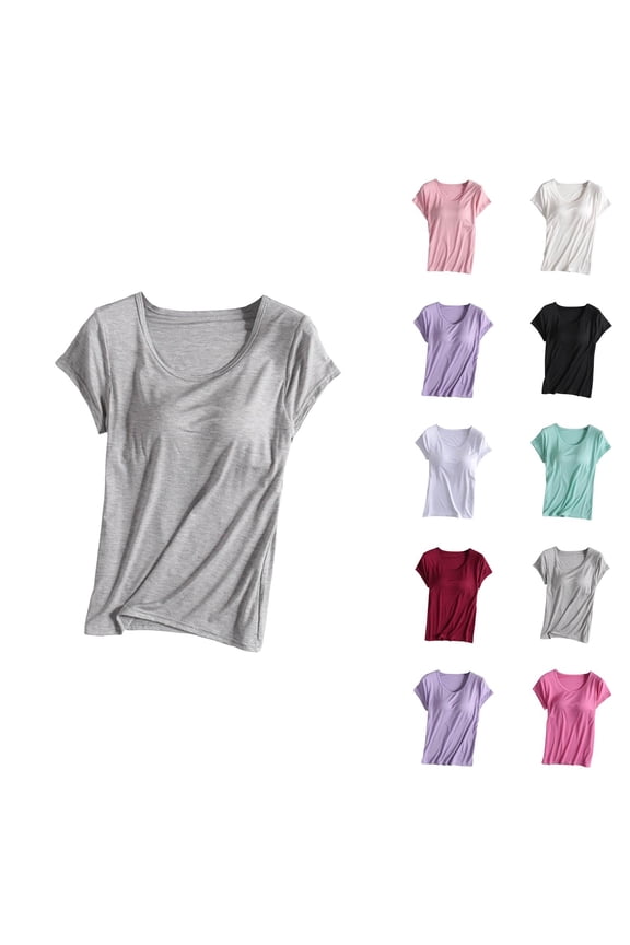 Womens T Shirts Summer Tops 2025 Short Sleeve Crewneck Padded Basic Tees with Built in Bra Tshirts Shirts for Women