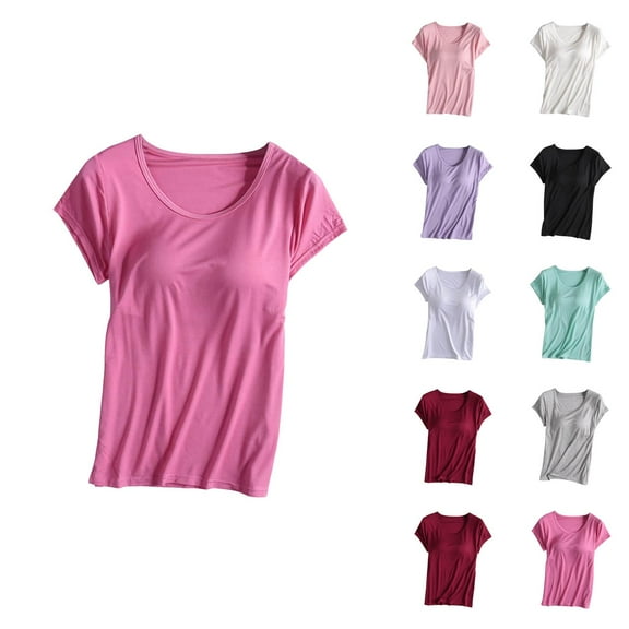 Womens T Shirts Summer Tops 2025 Short Sleeve Crewneck Padded Basic Tees with Built in Bra Tshirts Shirts for Women