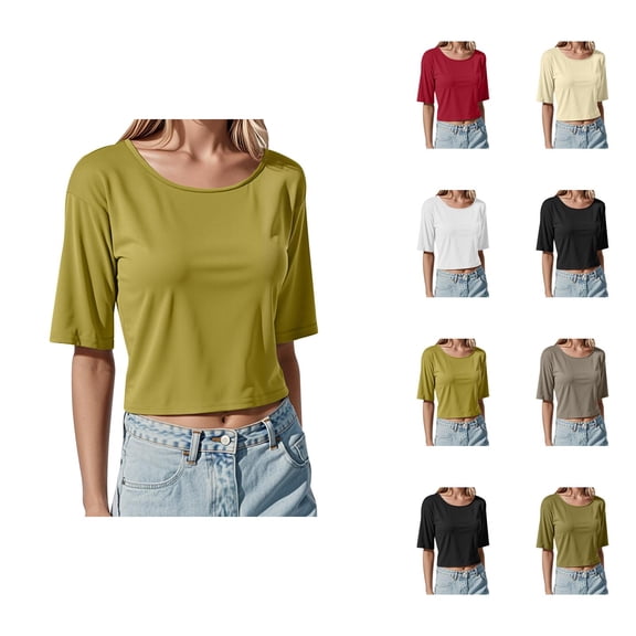 Womens T Shirts Summer Tops 2025 Short Sleeve Crewneck Ribbed Knit Cropped Slim Fit Tees Tshirts Shirts for Women