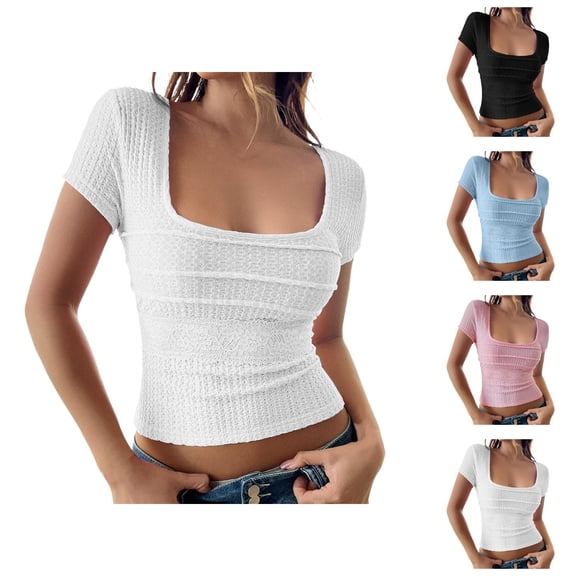 Womens T Shirts Summer Tops 2025 Short Sleeve Square Neck Back Tie Slim Fit Cropped Tees Tshirts Shirts for Women
