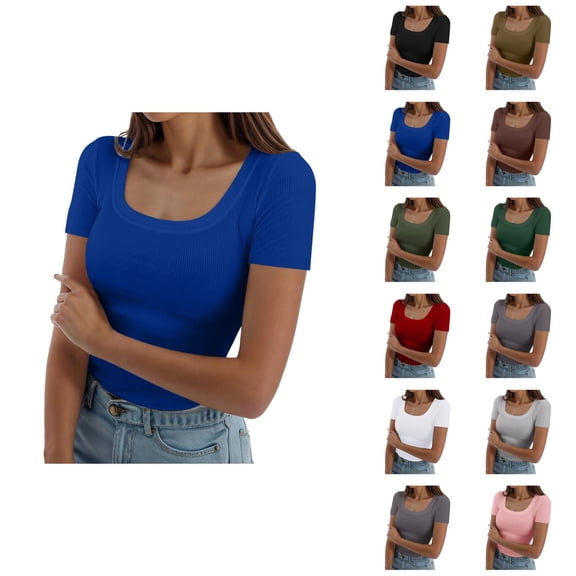 Womens T Shirts Summer Tops 2025 Short Sleeve Square Neck Ribbed Knit Slim Fit Basic Tees Tshirts Shirts for Women