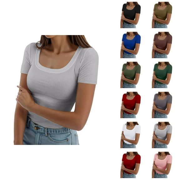 Womens T Shirts Summer Tops 2025 Short Sleeve Square Neck Ribbed Knit Slim Fit Basic Tees Tshirts Shirts for Women