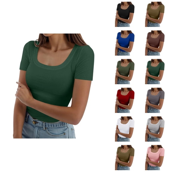 Womens T Shirts Summer Tops 2025 Short Sleeve Square Neck Ribbed Knit Slim Fit Basic Tees Tshirts Shirts for Women