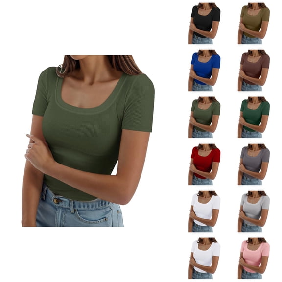 Womens T Shirts Summer Tops 2025 Short Sleeve Square Neck Ribbed Knit Slim Fit Basic Tees Tshirts Shirts for Women