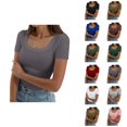 thumbnail image 1 of Womens T Shirts Summer Tops 2025 Short Sleeve Square Neck Ribbed Knit Slim Fit Basic Tees Tshirts Shirts for Women, 1 of 6