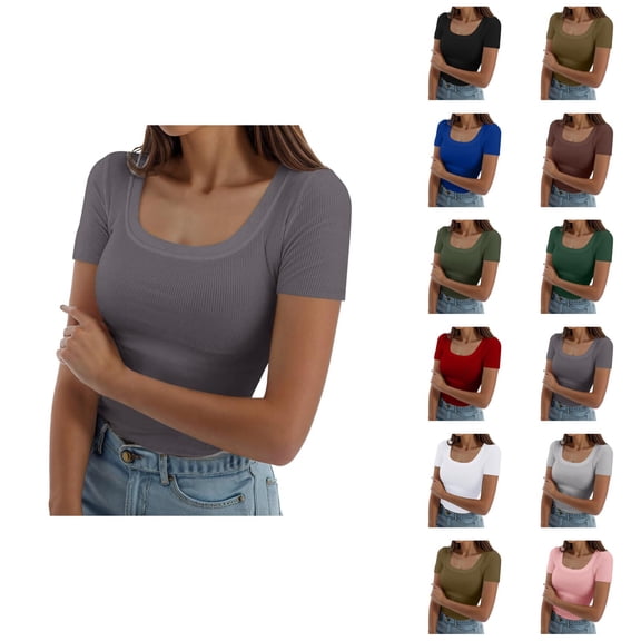 Womens T Shirts Summer Tops 2025 Short Sleeve Square Neck Ribbed Knit Slim Fit Basic Tees Tshirts Shirts for Women