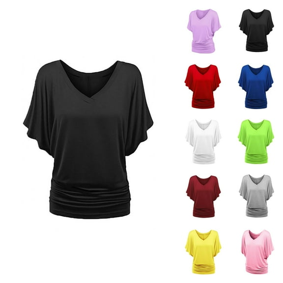 Womens T Shirts Summer Tops 2025 Solid Color Batwing Sleeve V-Neck Plus Size Pleated Tees Tshirts Shirts for Women