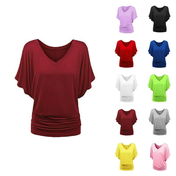 Womens T Shirts Summer Tops 2025 Solid Color Batwing Sleeve V-Neck Plus Size Pleated Tees Tshirts Shirts for Women