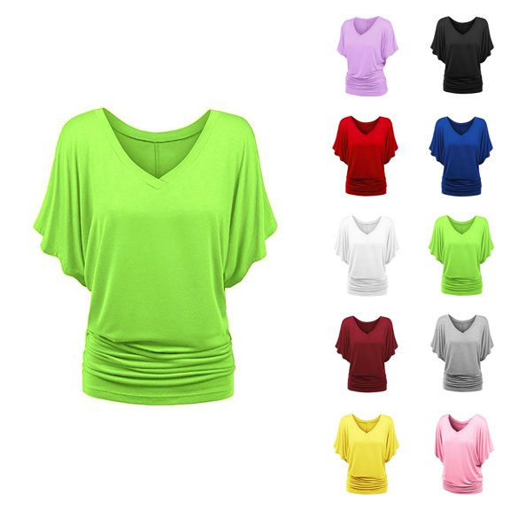 Womens T Shirts Summer Tops 2025 Solid Color Batwing Sleeve V-Neck Plus Size Pleated Tees Tshirts Shirts for Women