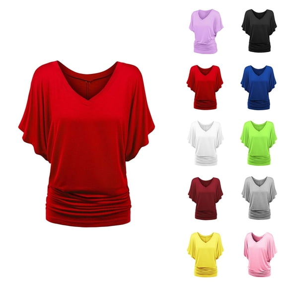 Womens T Shirts Summer Tops 2025 Solid Color Batwing Sleeve V-Neck Plus Size Pleated Tees Tshirts Shirts for Women