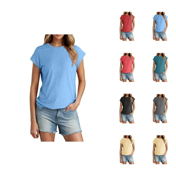 Womens T Shirts Summer Tops 2025 Solid Color Cap Sleeve Crewneck Breathable Casual Basic Tees Tshirts Shirts for Women