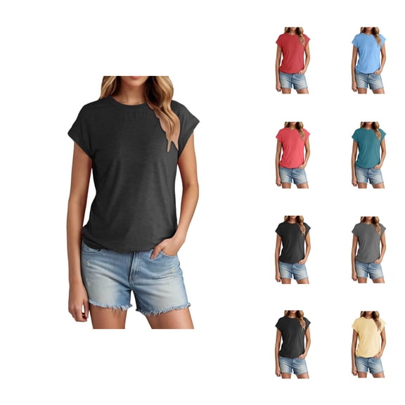 Womens T Shirts Summer Tops 2025 Solid Color Cap Sleeve Crewneck Breathable Casual Basic Tees Tshirts Shirts for Women