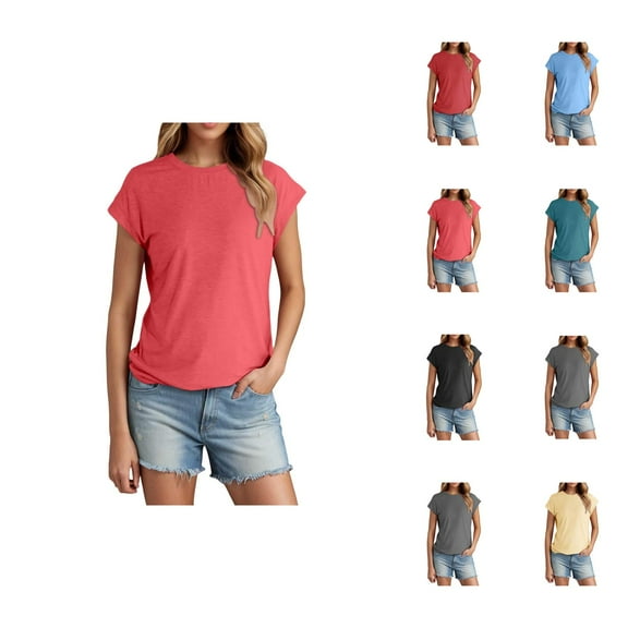 Womens T Shirts Summer Tops 2025 Solid Color Cap Sleeve Crewneck Breathable Casual Basic Tees Tshirts Shirts for Women