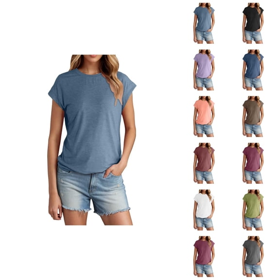 Womens T Shirts Summer Tops 2025 Solid Color Cap Sleeve Crewneck Casual Stylish Basic Tees Tshirts Shirts for Women