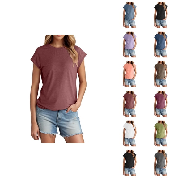 Womens T Shirts Summer Tops 2025 Solid Color Cap Sleeve Crewneck Casual Stylish Basic Tees Tshirts Shirts for Women