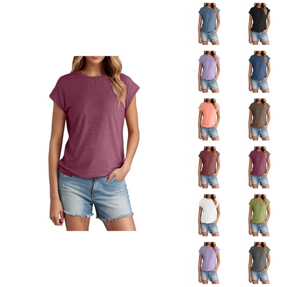 Womens T Shirts Summer Tops 2025 Solid Color Cap Sleeve Crewneck Casual Stylish Basic Tees Tshirts Shirts for Women