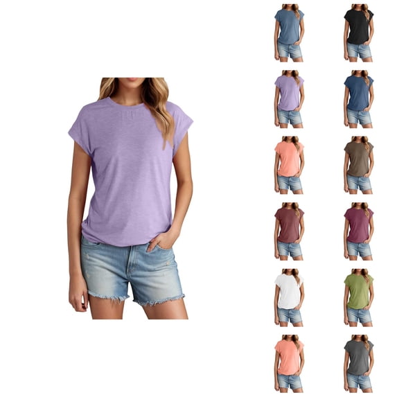 Womens T Shirts Summer Tops 2025 Solid Color Cap Sleeve Crewneck Casual Stylish Basic Tees Tshirts Shirts for Women