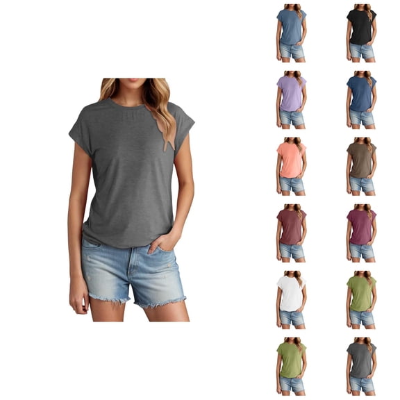 Womens T Shirts Summer Tops 2025 Solid Color Cap Sleeve Crewneck Casual Stylish Basic Tees Tshirts Shirts for Women