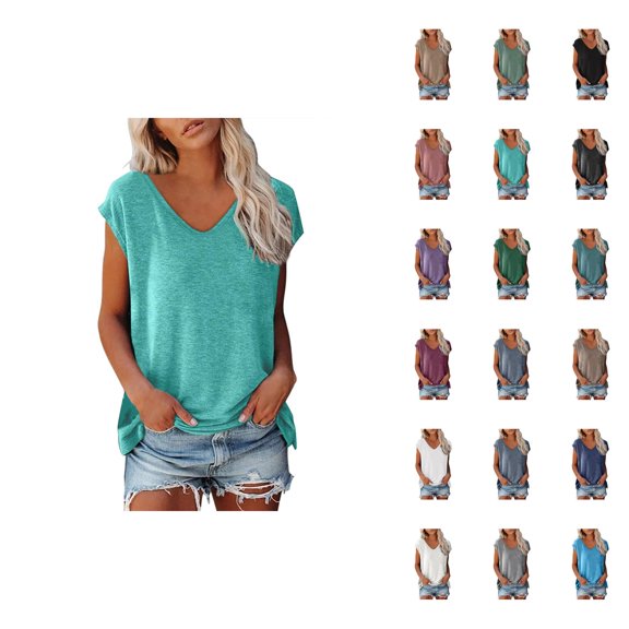 Womens T Shirts Summer Tops 2025 Solid Color Cap Sleeve V-Neck Casual Loose Basic Tees Tshirts Shirts for Women