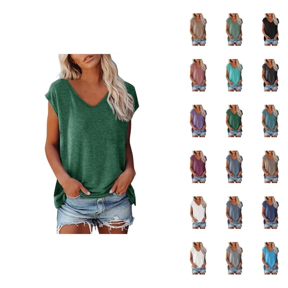 Womens T Shirts Summer Tops 2025 Solid Color Cap Sleeve V-Neck Casual Loose Basic Tees Tshirts Shirts for Women