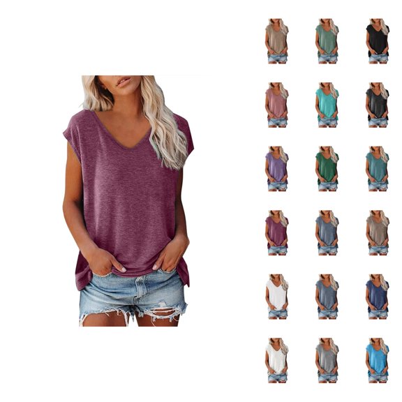 Womens T Shirts Summer Tops 2025 Solid Color Cap Sleeve V-Neck Casual Loose Basic Tees Tshirts Shirts for Women