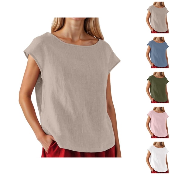 Womens T Shirts Summer Tops 2025 Solid Color Crewneck Cap Sleeve Loose Casual Linen Tees Tshirts Shirts for Women