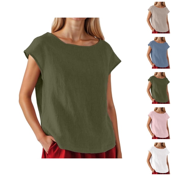 Womens T Shirts Summer Tops 2025 Solid Color Crewneck Cap Sleeve Loose Casual Linen Tees Tshirts Shirts for Women