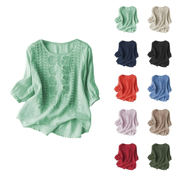 Womens T Shirts Summer Tops 2025 Solid Color Crewneck Lightweight Soft Linen Retro Tees Tshirts Shirts for Women