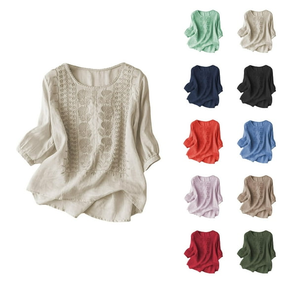 Womens T Shirts Summer Tops 2025 Solid Color Crewneck Lightweight Soft Linen Retro Tees Tshirts Shirts for Women