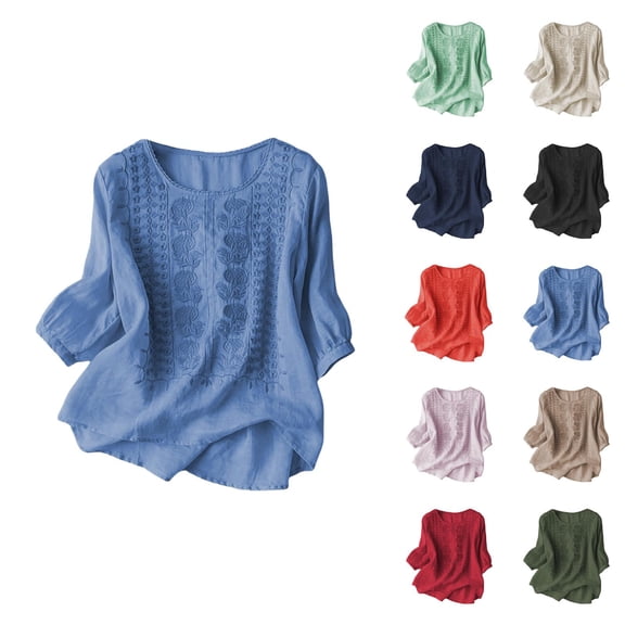 Womens T Shirts Summer Tops 2025 Solid Color Crewneck Lightweight Soft Linen Retro Tees Tshirts Shirts for Women