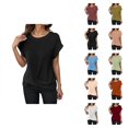 thumbnail image 1 of Womens T Shirts Summer Tops 2025 Solid Color Crewneck Waffle Twist Knot Hem Stylish Tees Tshirts Shirts for Women, 1 of 7