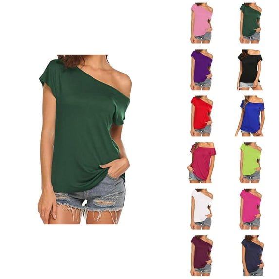 Womens T Shirts Summer Tops 2025 Solid Color One Shoulder Irregular Short Sleeve Casual Tees Tshirts Shirts for Women