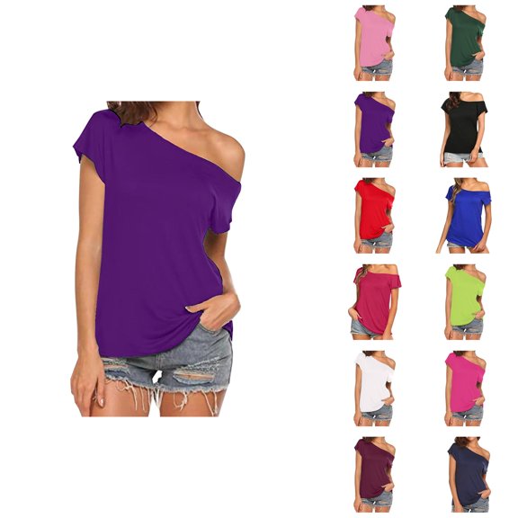 Womens T Shirts Summer Tops 2025 Solid Color One Shoulder Irregular Short Sleeve Casual Tees Tshirts Shirts for Women