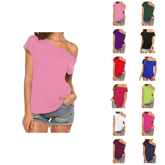 Womens T Shirts Summer Tops 2025 Solid Color One Shoulder Irregular Short Sleeve Casual Tees Tshirts Shirts for Women