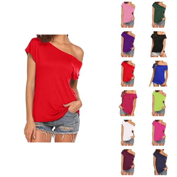 Womens T Shirts Summer Tops 2025 Solid Color One Shoulder Irregular Short Sleeve Casual Tees Tshirts Shirts for Women