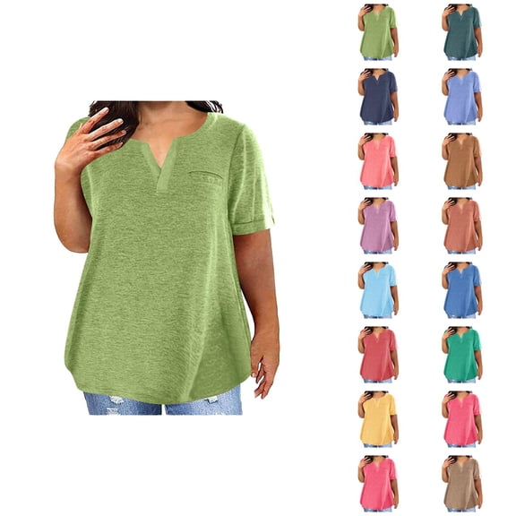 Womens T Shirts Summer Tops 2025 Solid Color Plus Size V-Neck Short Sleeve Casual Loose Tees Tshirts Shirts for Women