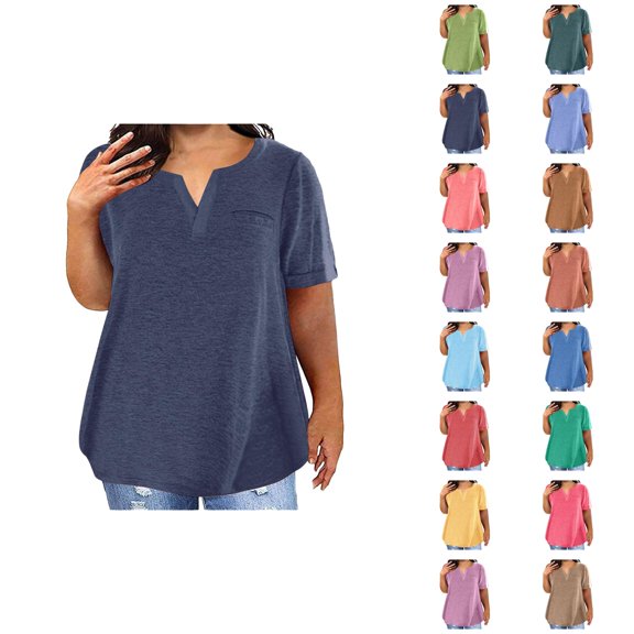 Womens T Shirts Summer Tops 2025 Solid Color Plus Size V-Neck Short Sleeve Casual Loose Tees Tshirts Shirts for Women
