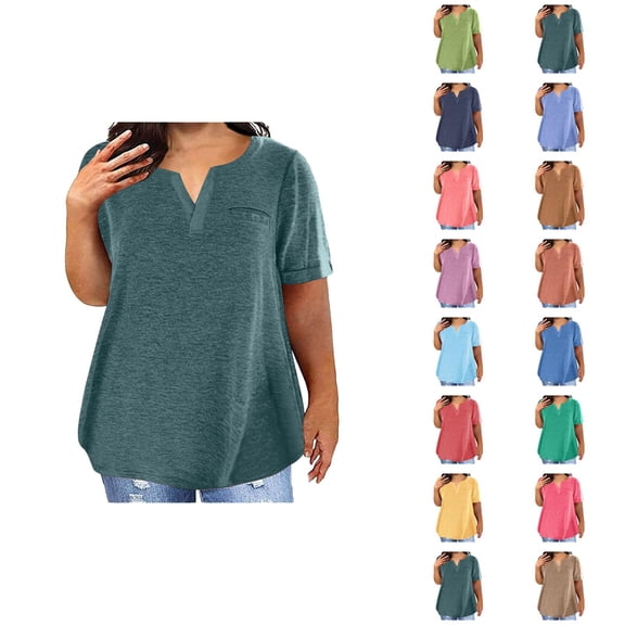Womens T Shirts Summer Tops 2025 Solid Color Plus Size V-Neck Short Sleeve Casual Loose Tees Tshirts Shirts for Women