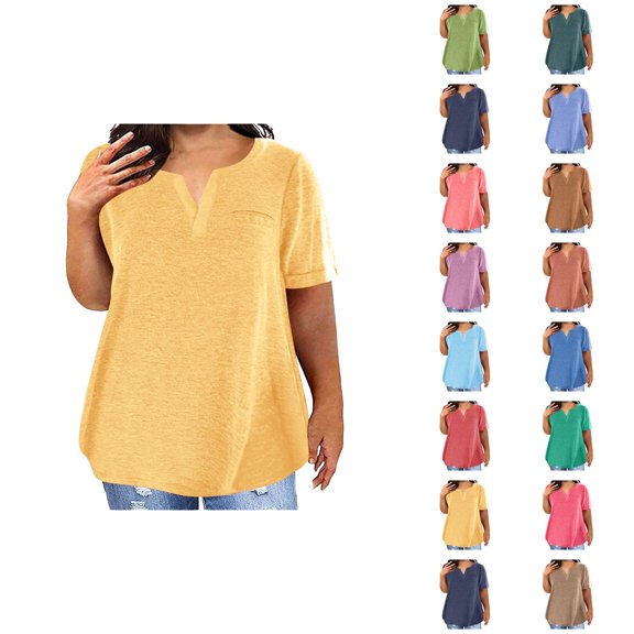 Womens T Shirts Summer Tops 2025 Solid Color Plus Size V-Neck Short Sleeve Casual Loose Tees Tshirts Shirts for Women