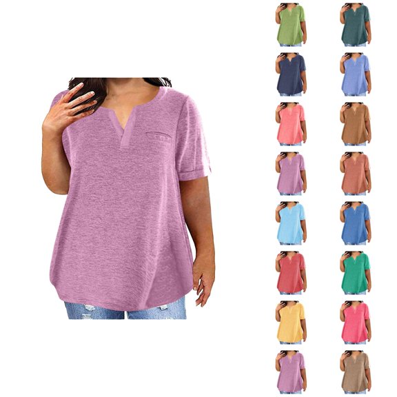 Womens T Shirts Summer Tops 2025 Solid Color Plus Size V-Neck Short Sleeve Casual Loose Tees Tshirts Shirts for Women