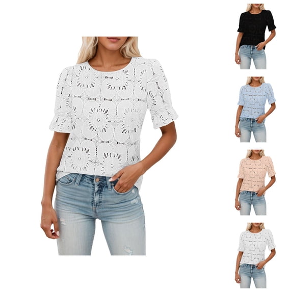 Womens T Shirts Summer Tops 2025 Solid Color Puff Sleeve Crewneck Eyelet Lace Stylish Tees Tshirts Shirts for Women