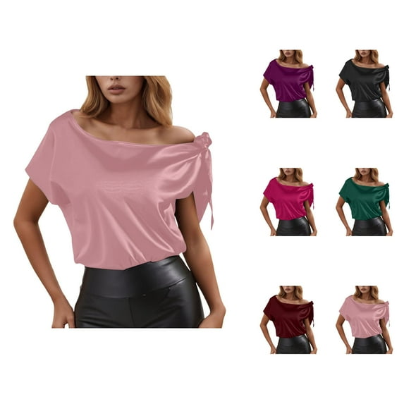 Womens T Shirts Summer Tops 2025 Solid Color Satin One Shoulder Short Sleeve Stylish Tees Tshirts Shirts for Women