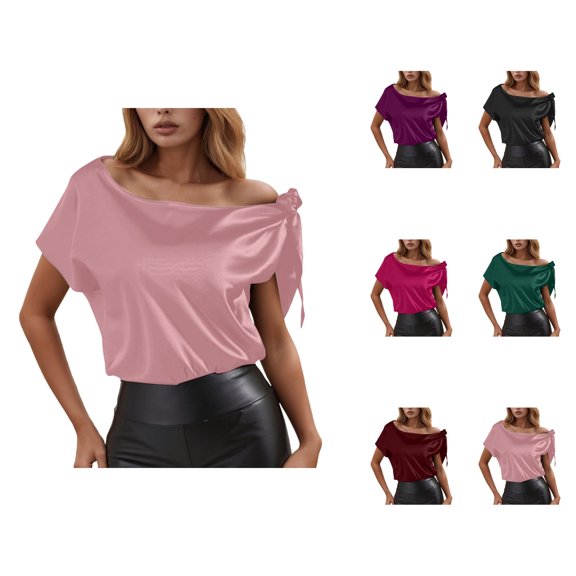 Womens T Shirts Summer Tops 2025 Solid Color Satin One Shoulder Short Sleeve Stylish Tees Tshirts Shirts for Women