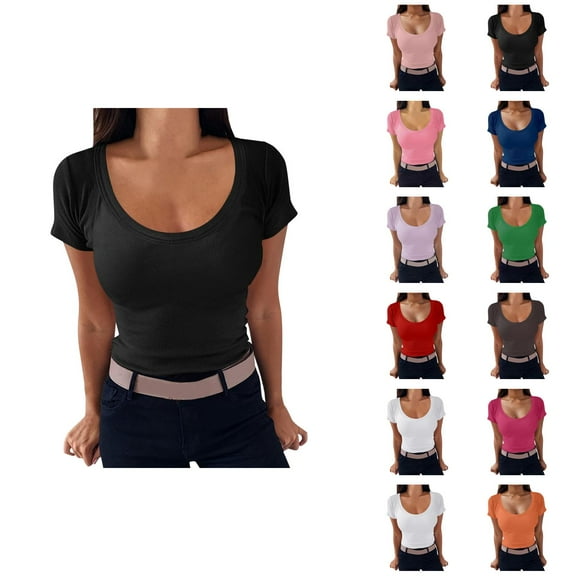 Womens T Shirts Summer Tops 2025 Solid Color Scoop Neck Slim Fit Ribbed Knit Basic Tees Tshirts Shirts for Women