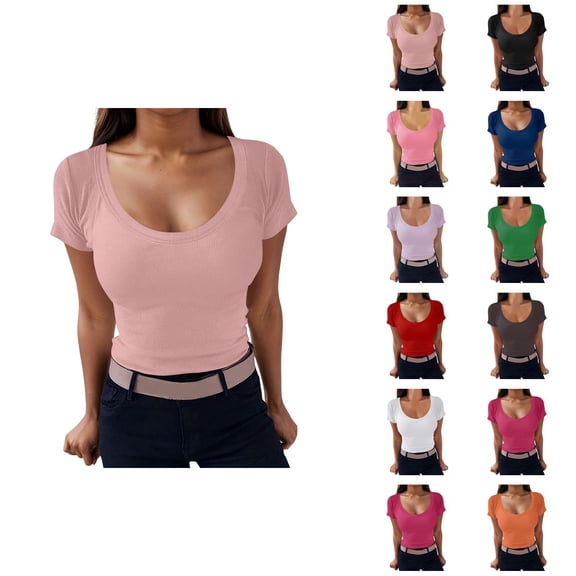 Womens T Shirts Summer Tops 2025 Solid Color Scoop Neck Slim Fit Ribbed Knit Basic Tees Tshirts Shirts for Women