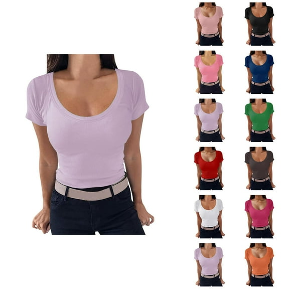 Womens T Shirts Summer Tops 2025 Solid Color Scoop Neck Slim Fit Ribbed Knit Basic Tees Tshirts Shirts for Women